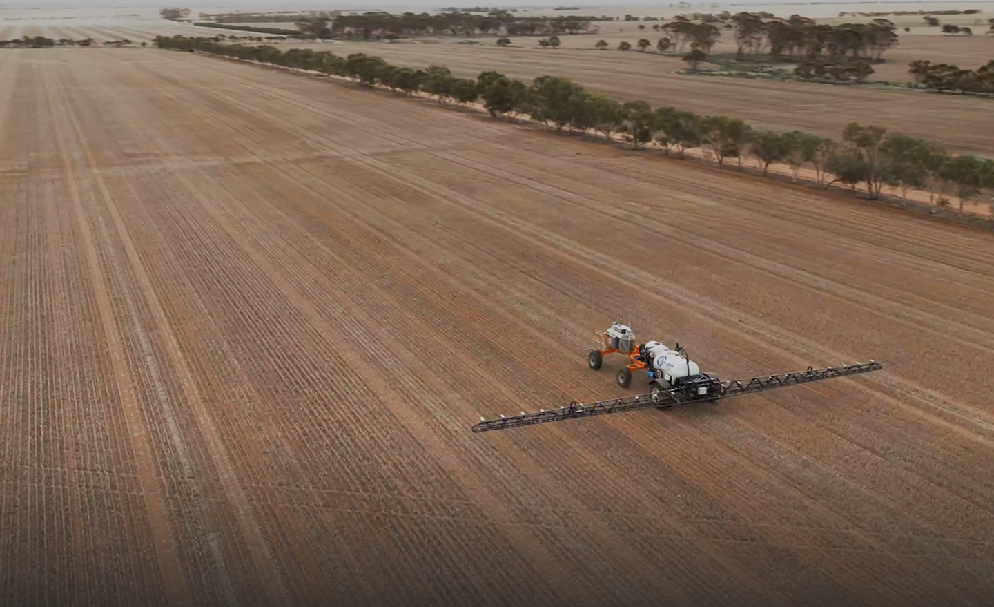 A SwarmBot working a wide paddock at sunset